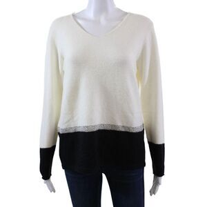 Renuar Womens Color Block Rhinestone Detail V-Neck Sweater White Size 1X